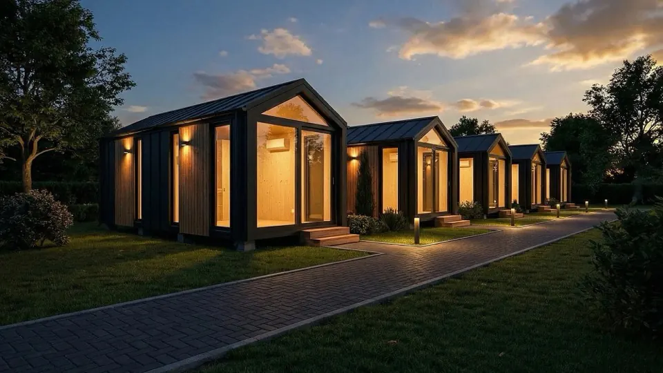 ScaleHousing Modulhäuser aus CLT-Massivholz auf einer Ferienanlage in der Abenddämmerung