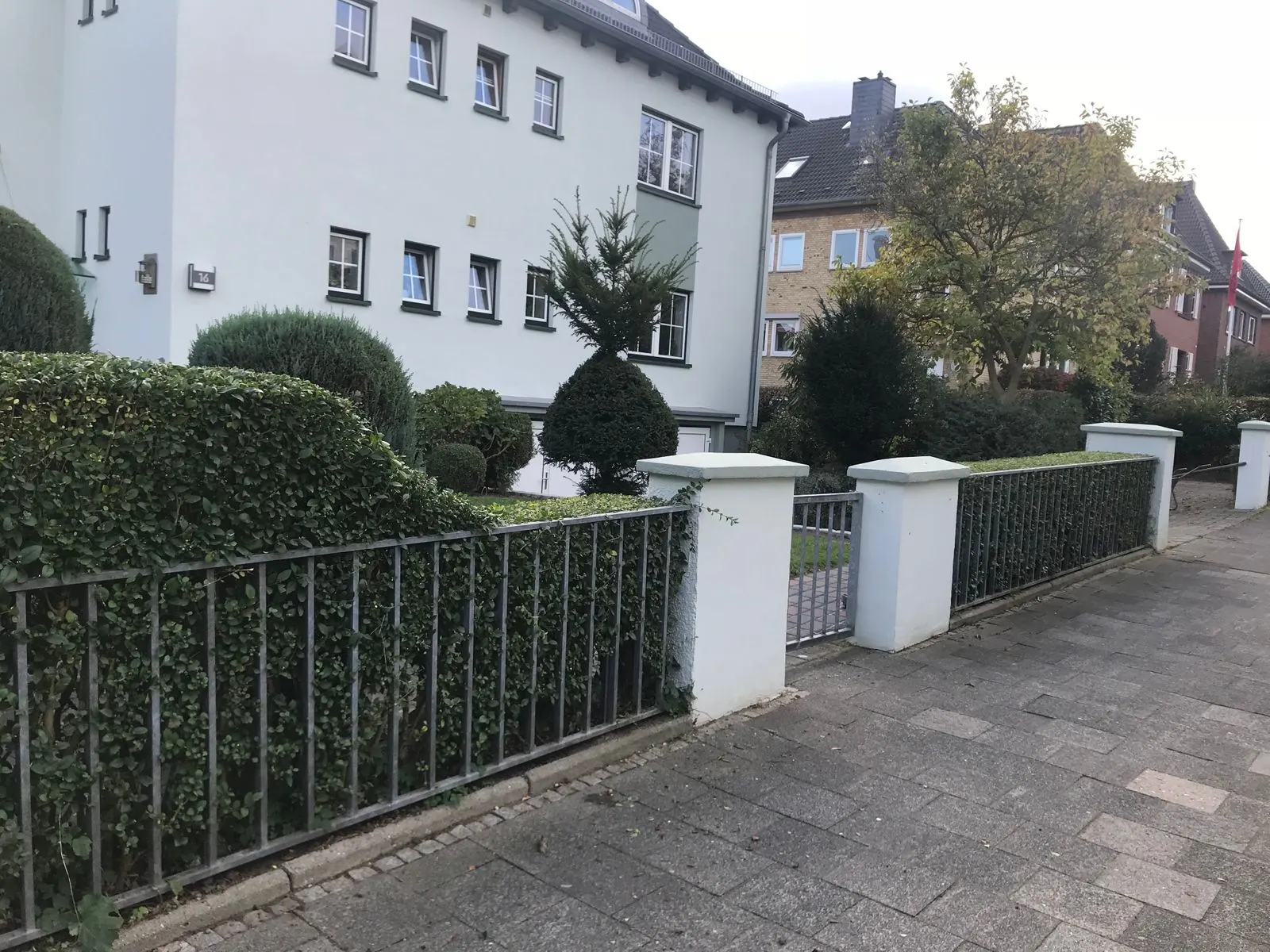 Gepflegte Formhecke vor einem Mehrfamilienhaus